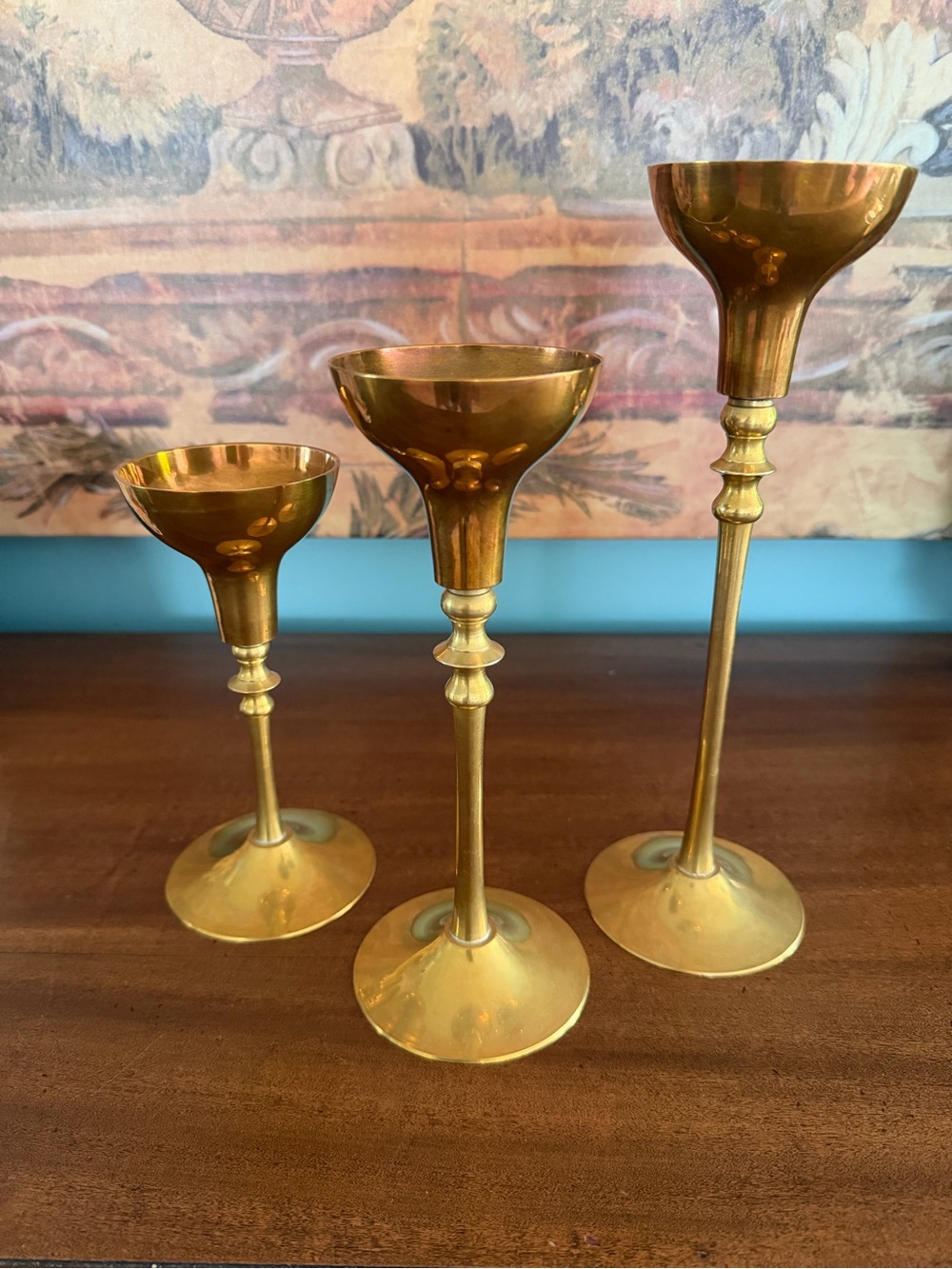 Set of 3 Vintage Brass Tapered Candle Holders - Gold